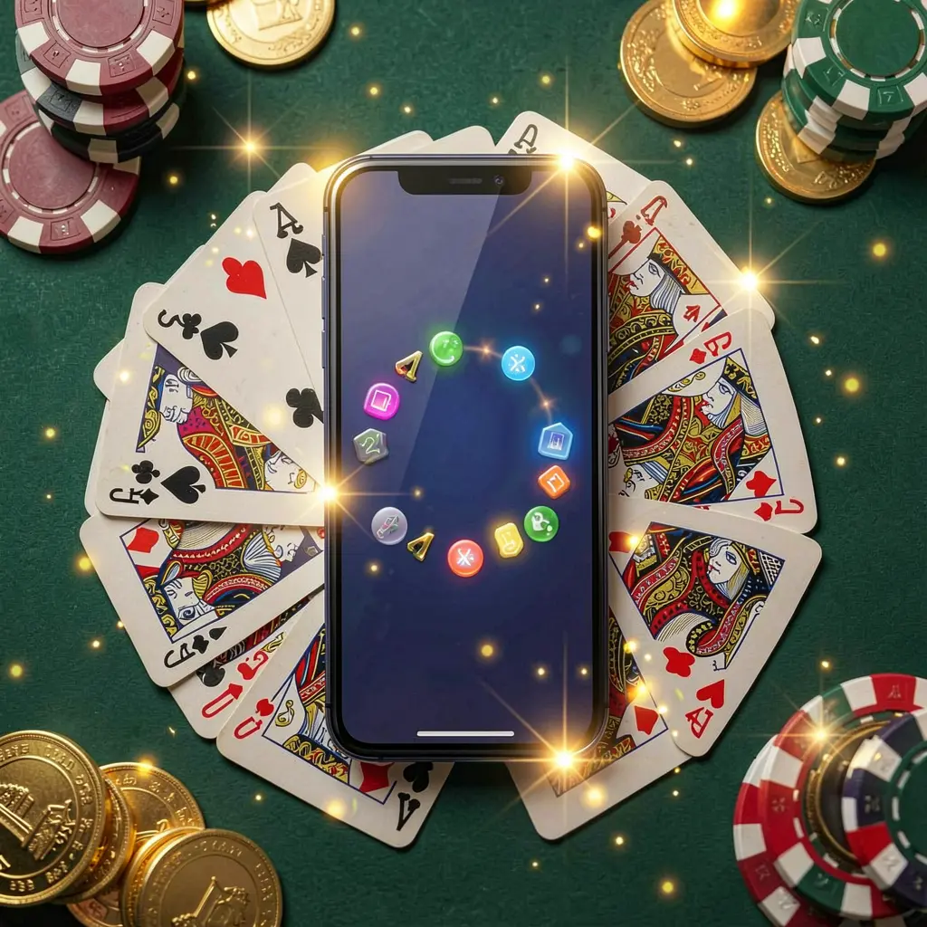 G044 mobile gaming application concept showing a smartphone surrounded by playing cards, roulette chips, gold coins, and sparkling lights in a premium casino style