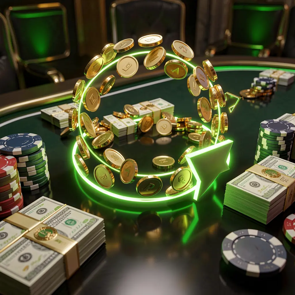 G044 casino cashback bonus visual with golden coins returning in a circular arrow motion, poker chips and cash bundles on a glossy dark table with glowing green and gold accents in a premium online casino style