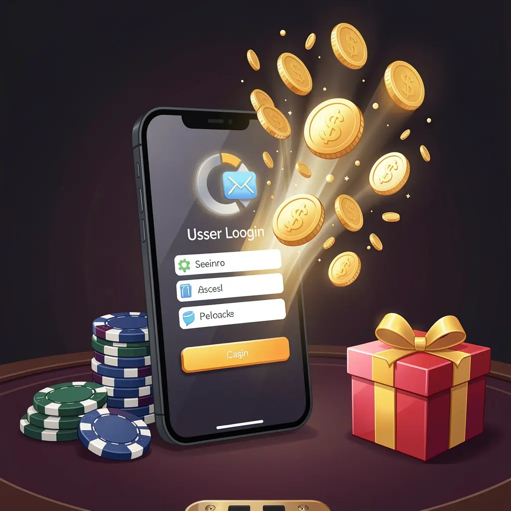 G044 casino user login illustration showing a phone with a secure access icon, golden coins bursting from the screen, poker chips, and a gift box on a dark premium background