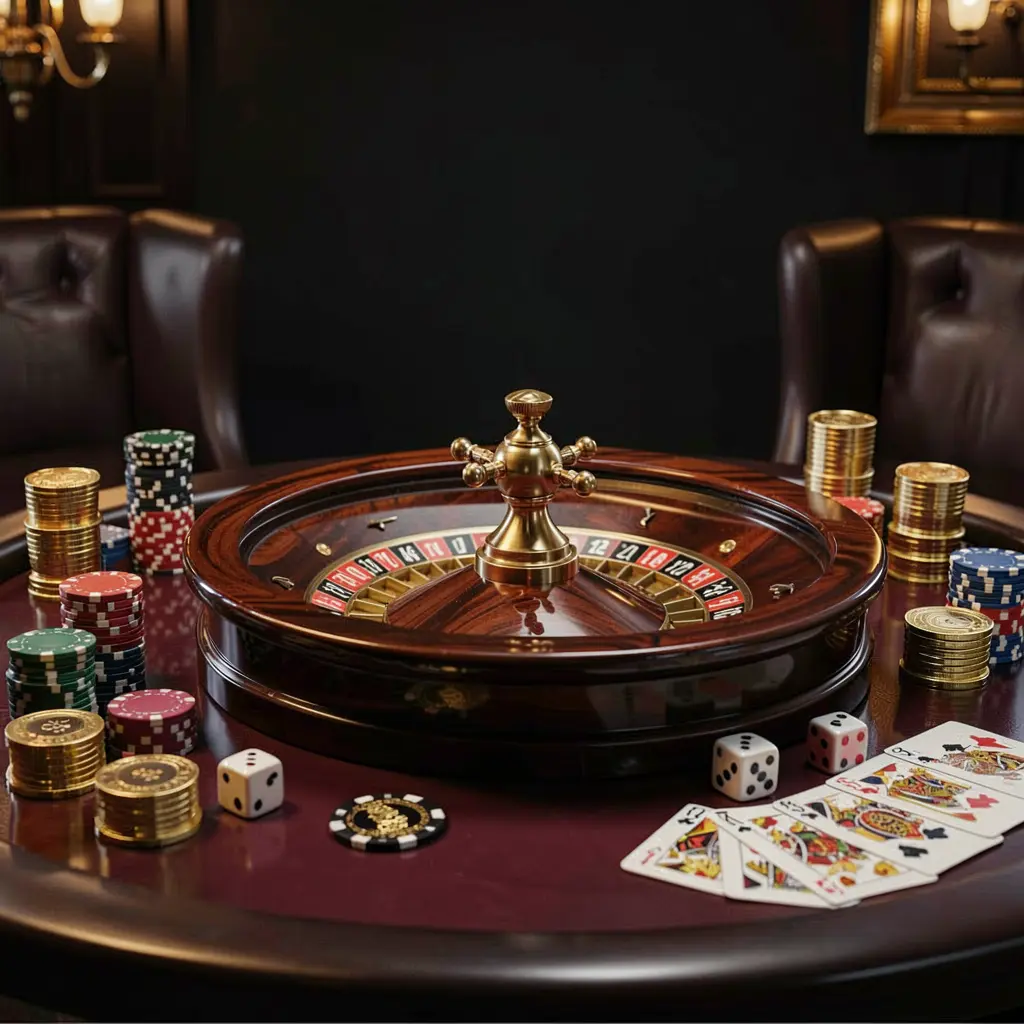 G044 premium casino homepage scene featuring a roulette wheel spinning on a glossy table with poker chips, dice, cards, and golden coins against an elegant dark background with cinematic lighting